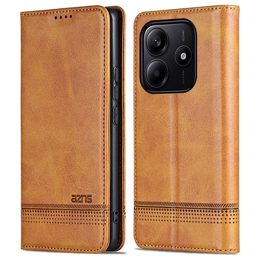 AZNS For Xiaomi Redmi Note 14 5G Case Cowhide Texture PU Leather Wallet Phone Cover - Brown