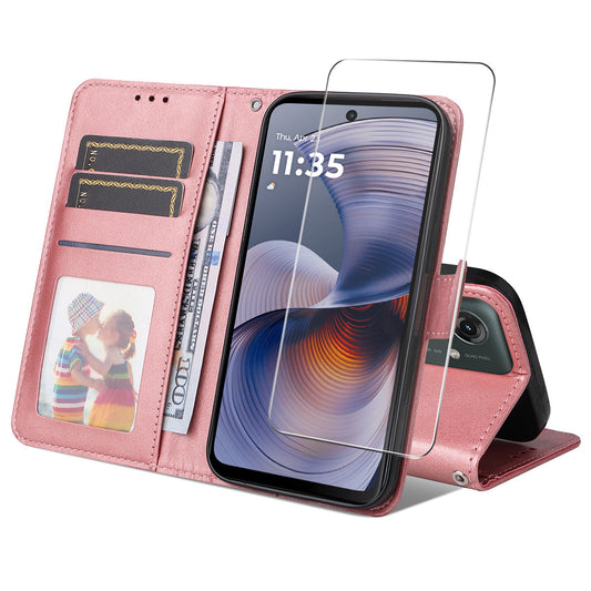 ENKAY For Motorola Moto G55 5G PU Leather Wallet Case ENKAY Phone Stand Cover with Tempered Glass Film - Pink