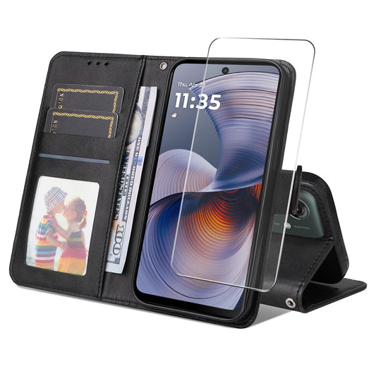 ENKAY For Motorola Moto G55 5G PU Leather Wallet Case ENKAY Phone Stand Cover with Tempered Glass Film - Black