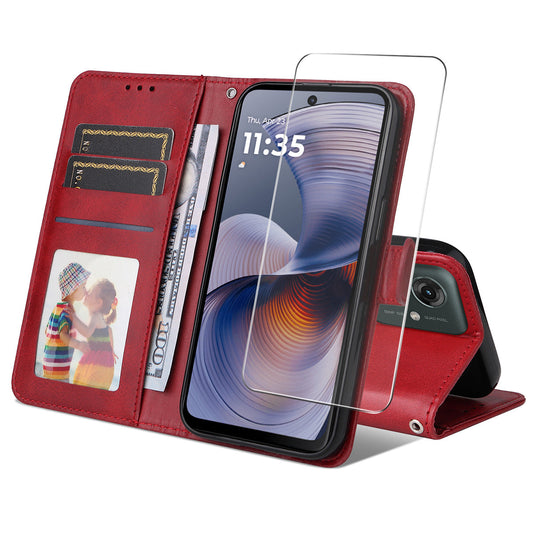 ENKAY For Motorola Moto G55 5G PU Leather Wallet Case ENKAY Phone Stand Cover with Tempered Glass Film - Red