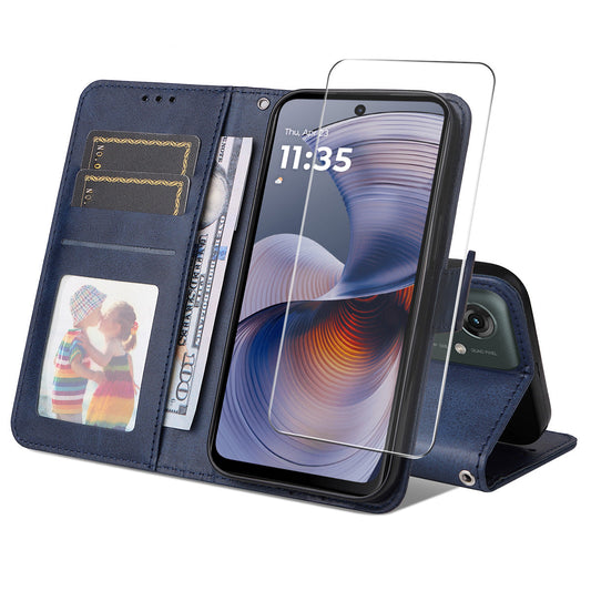 ENKAY For Motorola Moto G55 5G PU Leather Wallet Case ENKAY Phone Stand Cover with Tempered Glass Film - Blue