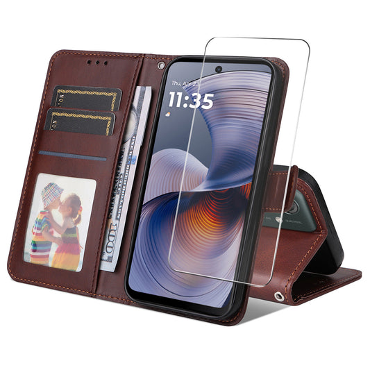 ENKAY For Motorola Moto G55 5G PU Leather Wallet Case ENKAY Phone Stand Cover with Tempered Glass Film - Brown