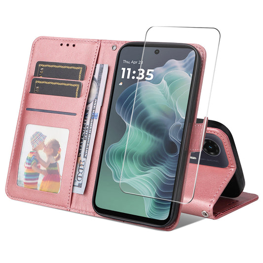 ENKAY For Motorola Moto G35 5G PU Leather Wallet Case ENKAY Phone Stand Cover with Tempered Glass Film - Pink