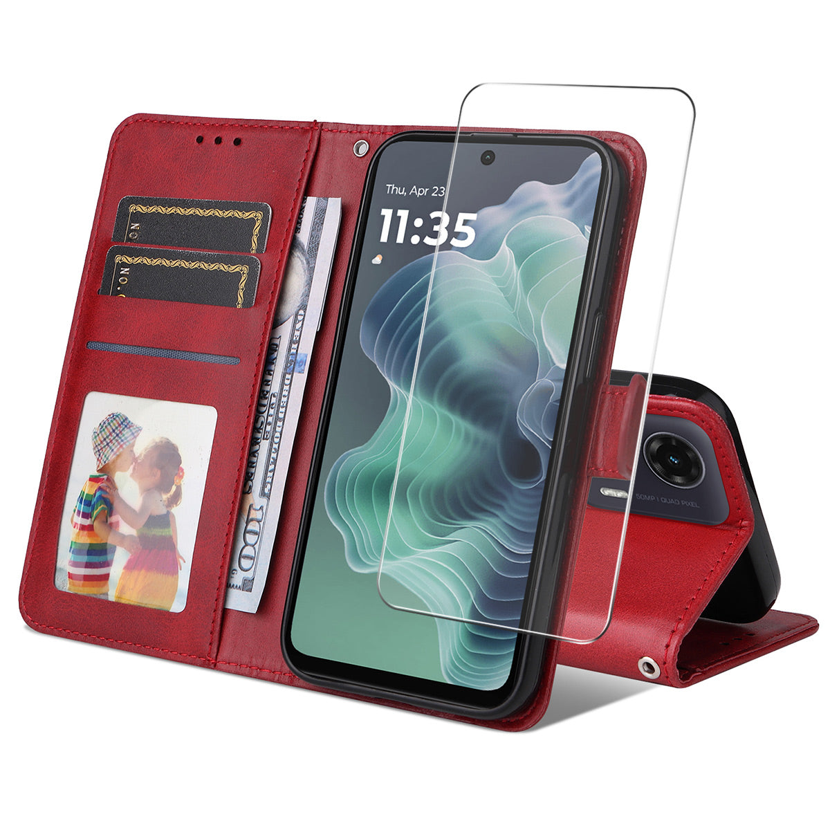ENKAY For Motorola Moto G35 5G PU Leather Wallet Case ENKAY Phone Stand Cover with Tempered Glass Film - Red
