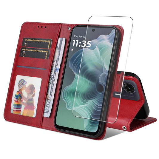 ENKAY For Motorola Moto G35 5G PU Leather Wallet Case ENKAY Phone Stand Cover with Tempered Glass Film - Red