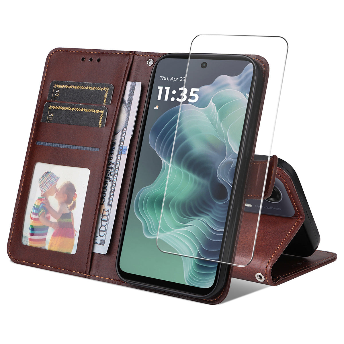 ENKAY For Motorola Moto G35 5G PU Leather Wallet Case ENKAY Phone Stand Cover with Tempered Glass Film - Brown