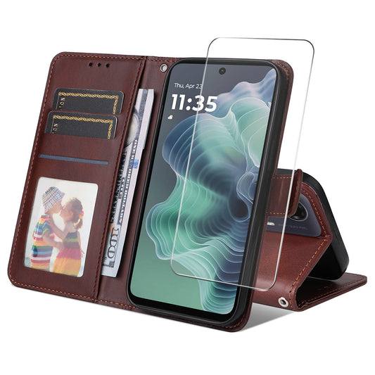 ENKAY For Motorola Moto G35 5G PU Leather Wallet Case ENKAY Phone Stand Cover with Tempered Glass Film - Brown