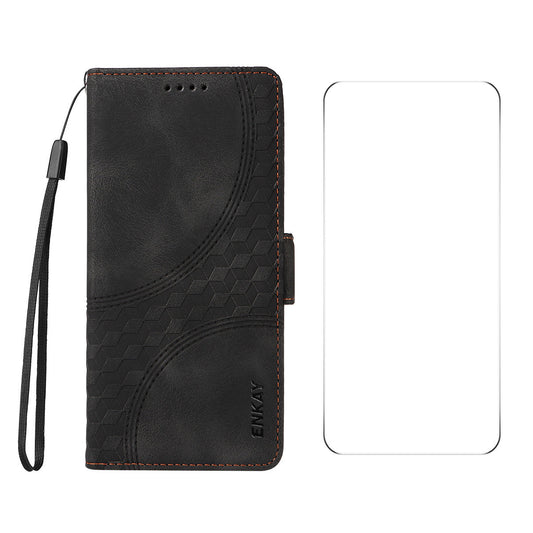 ENKAY For Motorola Moto G55 5G Wallet Case ENKAY Imprint PU Leather Phone Stand Cover with Tempered Glass - Black