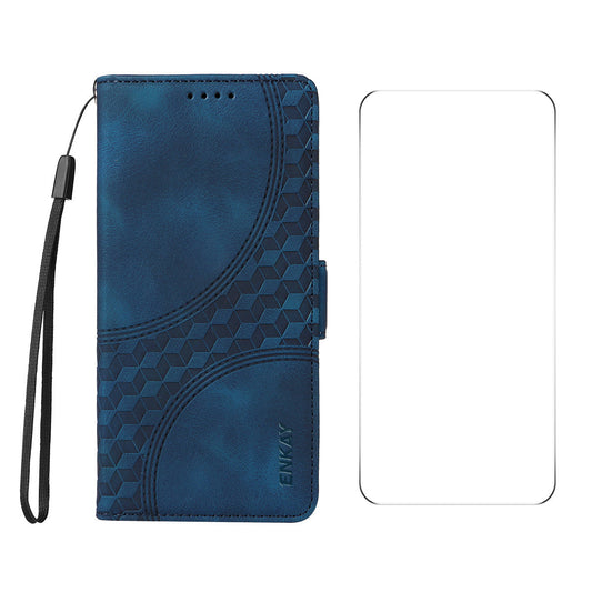 ENKAY For Motorola Moto G55 5G Wallet Case ENKAY Imprint PU Leather Phone Stand Cover with Tempered Glass - Blue