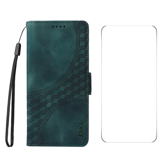 ENKAY For Motorola Moto G55 5G Wallet Case ENKAY Imprint PU Leather Phone Stand Cover with Tempered Glass - Green