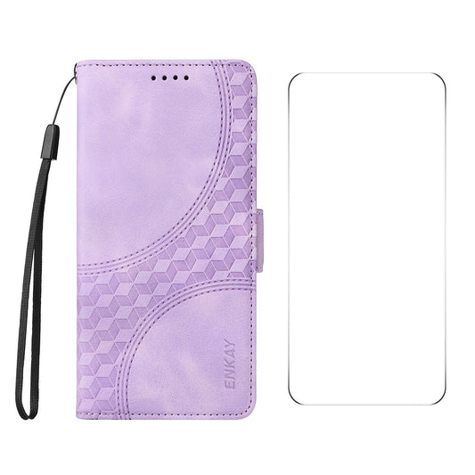 ENKAY For Motorola Moto G55 5G Wallet Case ENKAY Imprint PU Leather Phone Stand Cover with Tempered Glass - Purple