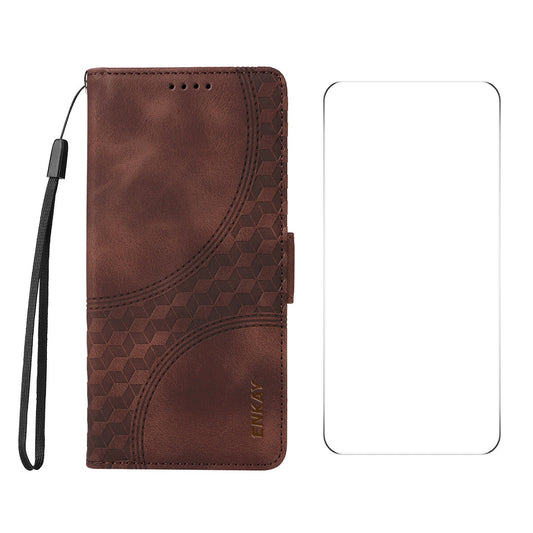 ENKAY For Motorola Moto G55 5G Wallet Case ENKAY Imprint PU Leather Phone Stand Cover with Tempered Glass - Brown