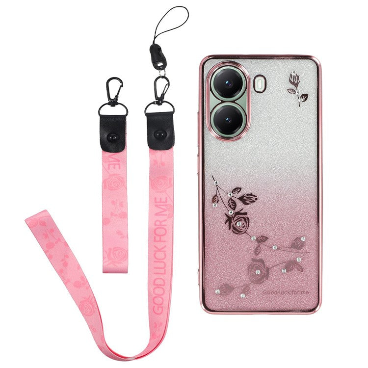 KADEM For Xiaomi Poco X7 Pro 5G Case Flower Pattern TPU Gradient Phone Cover with Lanyards - Rose Gold