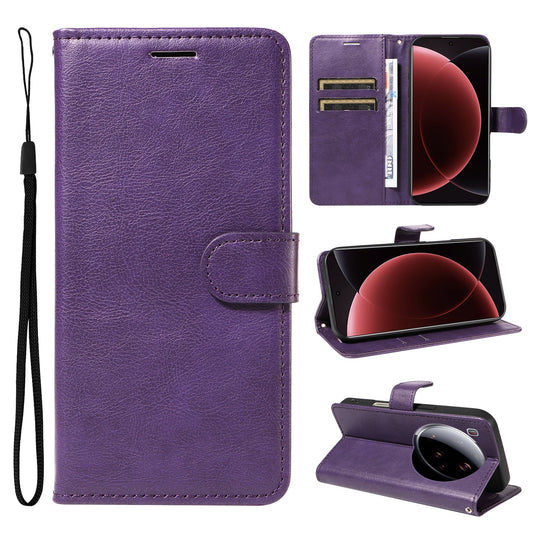For Xiaomi 15 Ultra Leather Wallet Case with Strap Solid Color Phone Stand Cover - Purple