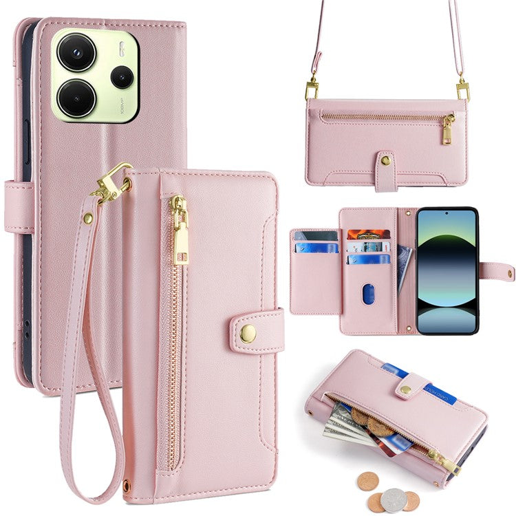 For Xiaomi Redmi Note 14 4G (163.25mm) Case Zipper Pocket Wallet Leather Phone Cover with 2 Straps - Pink