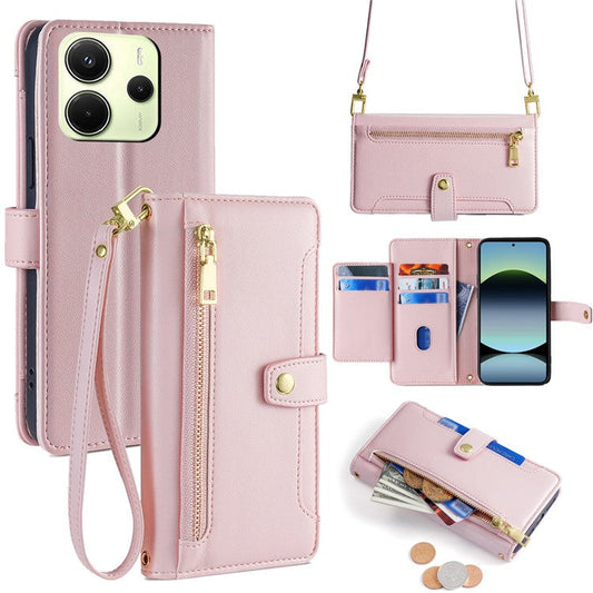 For Xiaomi Redmi Note 14 4G (163.25mm) Case Zipper Pocket Wallet Leather Phone Cover with 2 Straps - Pink