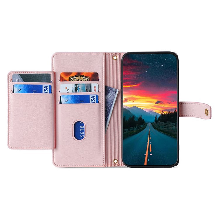 For Xiaomi Redmi Note 14 4G (163.25mm) Case Zipper Pocket Wallet Leather Phone Cover with 2 Straps - Pink