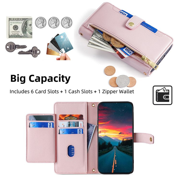 For Xiaomi Redmi Note 14 4G (163.25mm) Case Zipper Pocket Wallet Leather Phone Cover with 2 Straps - Pink