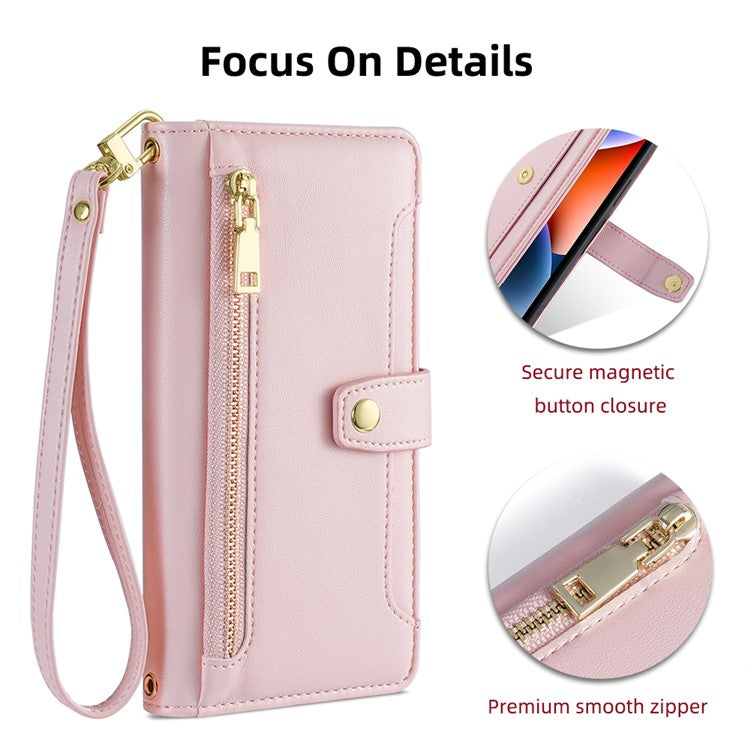 For Xiaomi Redmi Note 14 4G (163.25mm) Case Zipper Pocket Wallet Leather Phone Cover with 2 Straps - Pink