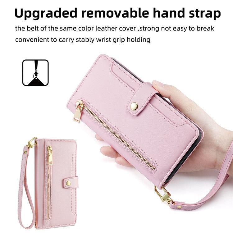 For Xiaomi Redmi Note 14 4G (163.25mm) Case Zipper Pocket Wallet Leather Phone Cover with 2 Straps - Pink