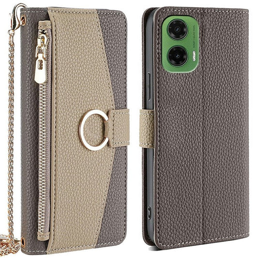 For Motorola Moto G35 5G Case Mirror Wallet Leather Phone Cover with Chain Shoulder Strap - Grey