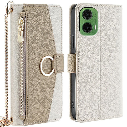 For Motorola Moto G35 5G Case Mirror Wallet Leather Phone Cover with Chain Shoulder Strap - White