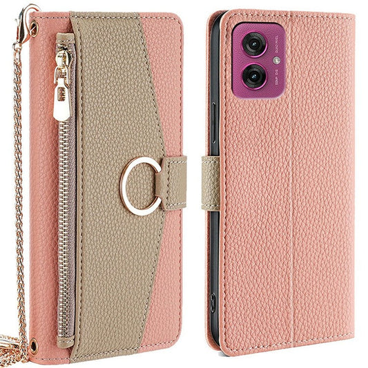 For Motorola Moto G55 5G Case Mirror Wallet Leather Phone Cover with Chain Shoulder Strap - Pink