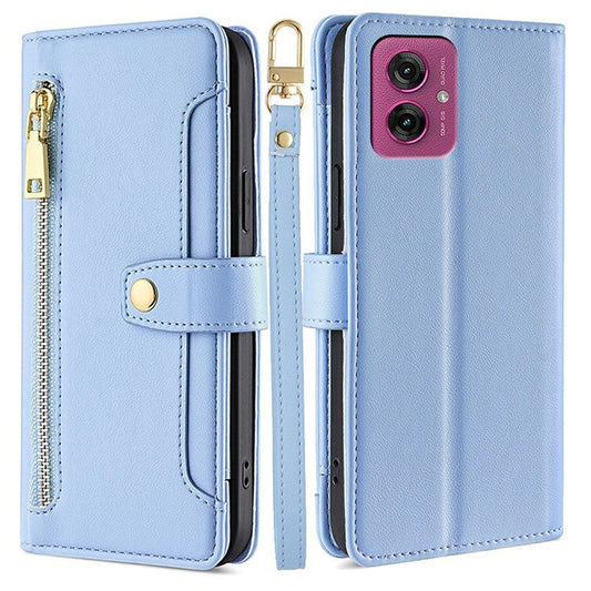 For Motorola Moto G55 5G Leather Case Zipper Pocket Wallet Phone Cover with 2 Straps - Blue