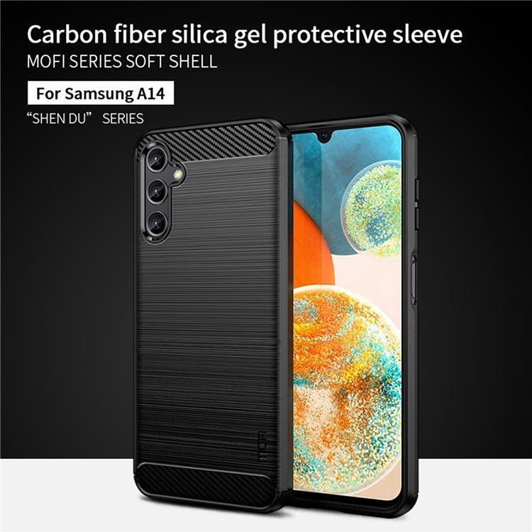 MOFI JK TPU Series-1 for Samsung Galaxy A14 5G / A14 4G Soft TPU Brushed Protective Cover Carbon Fiber Texture Anti-scratch Phone Case - Red
