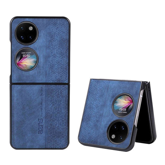 AZNS For Huawei P50 Pocket Imprinted Pattern Folding Phone Case Anti-scratch PU Leather Coated Hard PC Back Cover - Blue