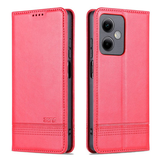 AZNS For Xiaomi Redmi Note 12 5G (India) / Poco X5 5G Anti-fingerprint Cowhide Texture Shockproof Phone Stand Case PU Leather Magnetic Auto-absorbed Folio Flip Wallet Cover - Red