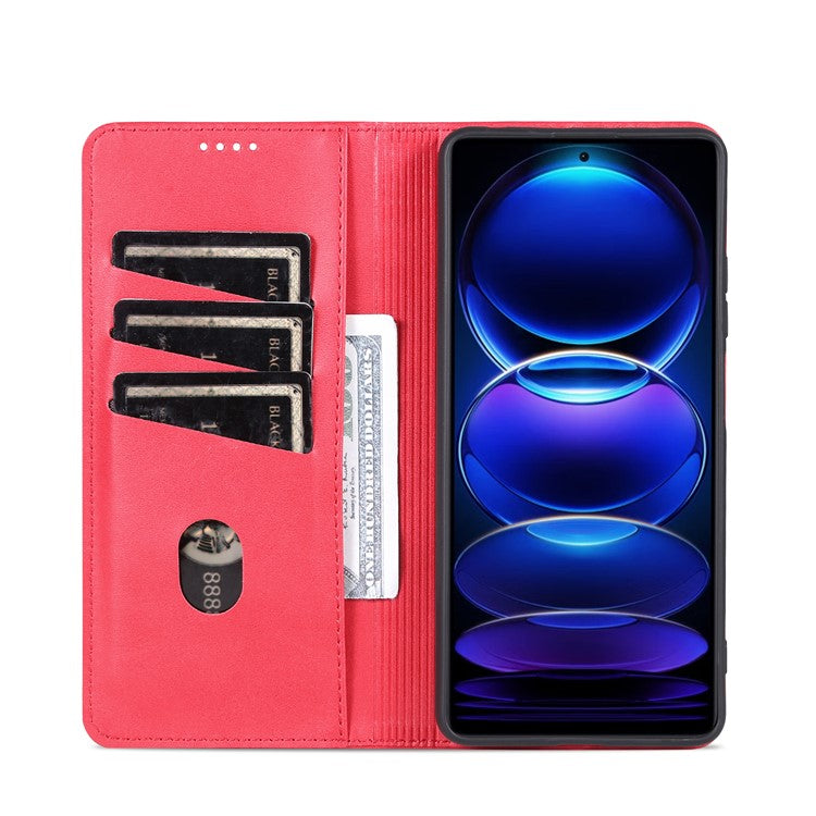 AZNS For Xiaomi Redmi Note 12 5G (India) / Poco X5 5G Anti-fingerprint Cowhide Texture Shockproof Phone Stand Case PU Leather Magnetic Auto-absorbed Folio Flip Wallet Cover - Red