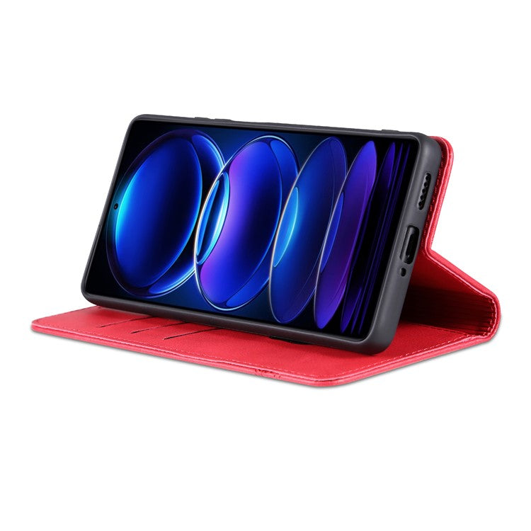 AZNS For Xiaomi Redmi Note 12 5G (India) / Poco X5 5G Anti-fingerprint Cowhide Texture Shockproof Phone Stand Case PU Leather Magnetic Auto-absorbed Folio Flip Wallet Cover - Red