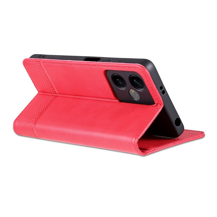 AZNS For Xiaomi Redmi Note 12 5G (India) / Poco X5 5G Anti-fingerprint Cowhide Texture Shockproof Phone Stand Case PU Leather Magnetic Auto-absorbed Folio Flip Wallet Cover - Red