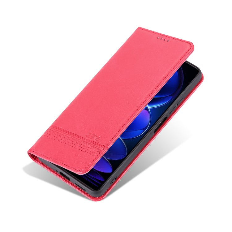AZNS For Xiaomi Redmi Note 12 5G (India) / Poco X5 5G Anti-fingerprint Cowhide Texture Shockproof Phone Stand Case PU Leather Magnetic Auto-absorbed Folio Flip Wallet Cover - Red