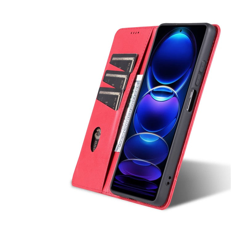 AZNS For Xiaomi Redmi Note 12 5G (India) / Poco X5 5G Anti-fingerprint Cowhide Texture Shockproof Phone Stand Case PU Leather Magnetic Auto-absorbed Folio Flip Wallet Cover - Red