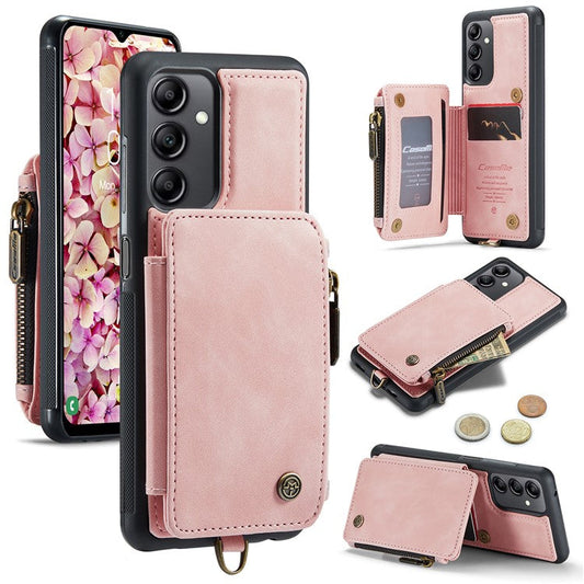 CASEME C20 Series Phone Case for Samsung Galaxy A14 5G / A14 4G RFID Blocking Zipper Pocket Kickstand Wallet Cover with Strap - Pink