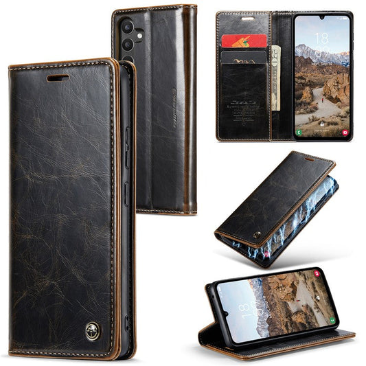 CASEME 003 Series For Samsung Galaxy A34 5G Waxy Texture Magnetic Auto-absorbed Phone Case Wallet Stand Full Coverage PU Leather Cell Phone Cover - Coffee