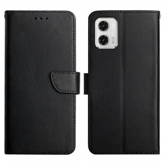 HT02 For Motorola Moto G73 5G Anti-Scratch Genuine Leather Phone Case Nappa Texture Wallet Stand Protective Cover - Black
