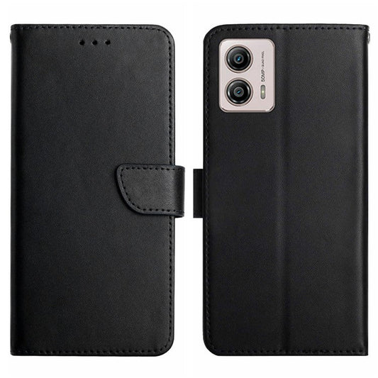 HT02 Cell Phone Cover for Motorola Moto G53 5G, Genuine Leather Nappa Texture Wallet Stand Case - Black