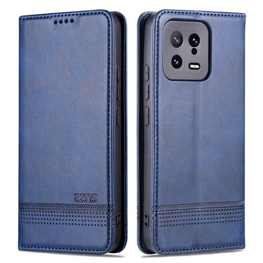 AZNS For Xiaomi 13 5G Flip Leather Phone Case Stand Wallet Cowhide Texture Shockproof Phone Cover - Blue