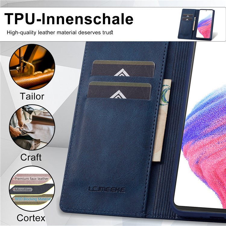 LC.IMEEKE For Samsung Galaxy A54 5G PU Leather RFID Blocking Phone Case Wallet Stand Cover - Blue