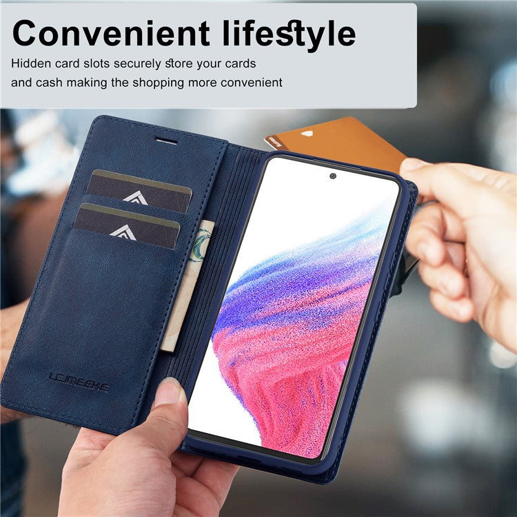 LC.IMEEKE For Samsung Galaxy A54 5G PU Leather RFID Blocking Phone Case Wallet Stand Cover - Blue