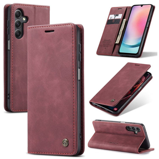 CASEME 013 Series For Samsung Galaxy A24 4G (162.1 x 77.6 x 8.3mm) Wallet Case PU Leather Stand Flip Cover - Wine Red