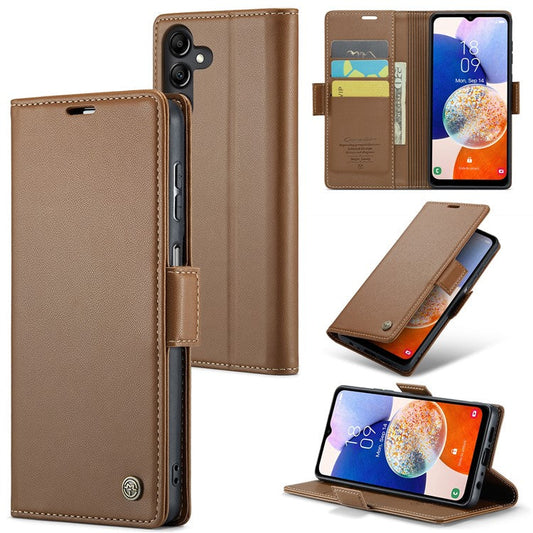 CASEME 023 Series Leather Phone Case for Samsung Galaxy A14 5G / 4G , Litchi Texture RFID Blocking Wallet Stand Cover - Brown