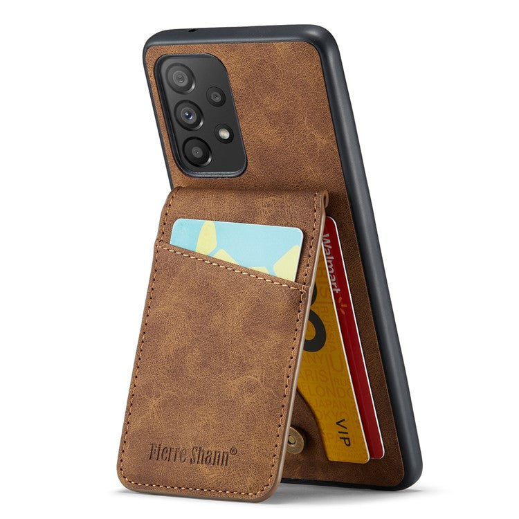 FIERRE SHANN For Samsung Galaxy A33 5G RFID Blocking Card Slots Kickstand PU Leather+TPU Phone Case - Brown