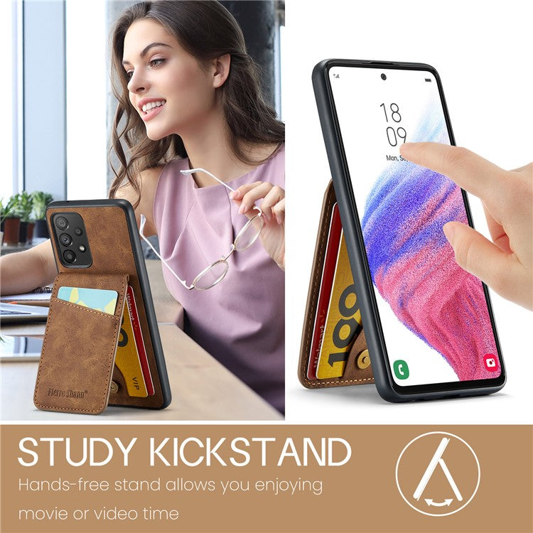 FIERRE SHANN For Samsung Galaxy A33 5G RFID Blocking Card Slots Kickstand PU Leather+TPU Phone Case - Brown