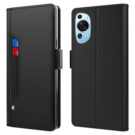 For Huawei P60 Art Makeup Mirror Leather Cell Phone Case Card Holder Cell Phone Stand Cover - Black
