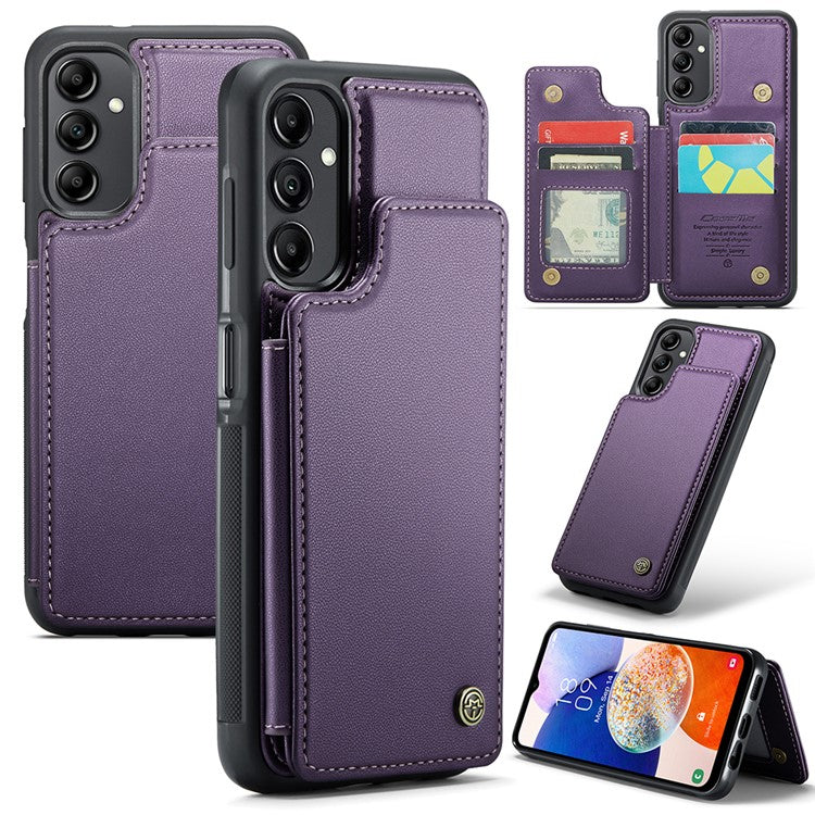 CASEME C22 Series For Samsung Galaxy A14 5G / 4G RFID Blocking Card Holder Kickstand Case Leather Coated TPU Cover - Purple