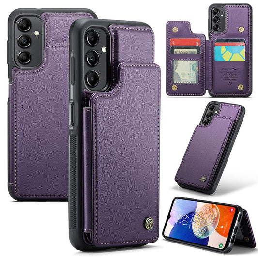 CASEME C22 Series For Samsung Galaxy A14 5G / 4G RFID Blocking Card Holder Kickstand Case Leather Coated TPU Cover - Purple